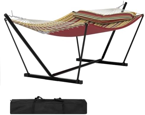 Hammock With Stand - 2-persoons buitenhangmat met standaard, bordeauxbruine strepen